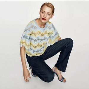 Zara | Cropped Blue & Yellow Lace Drop Sleeve Top Sz S